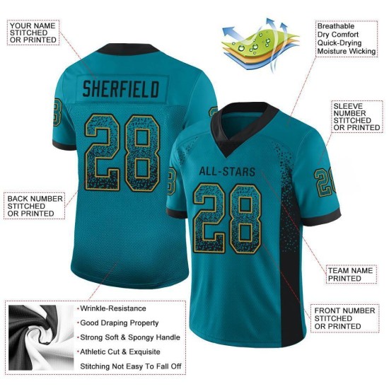 Custom Teal Black-Old Gold Mesh Drift Fashion Football Jersey Custom Teal Black-Old Gold Mesh Drift Fashion Football Jersey